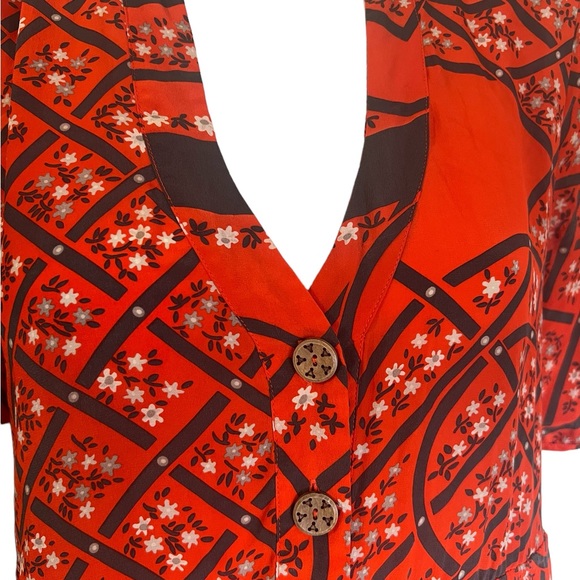 Anthropologie Moulinette Soeurs Silk Shirt Dress Button Up VNeck Size 12 Red - Picture 7 of 9